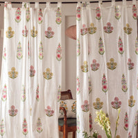 Guldasta Cypress Poppy Blockprint Sheer Curtain-Curtains-House of Ekam