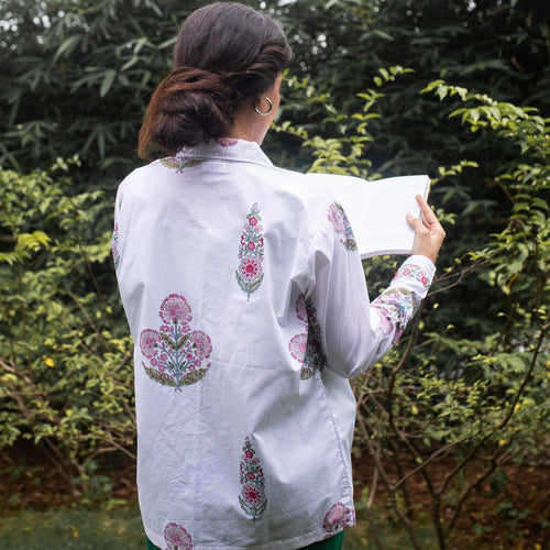 Guldasta White Cypress Poppy Shirt-Shirts-House of Ekam