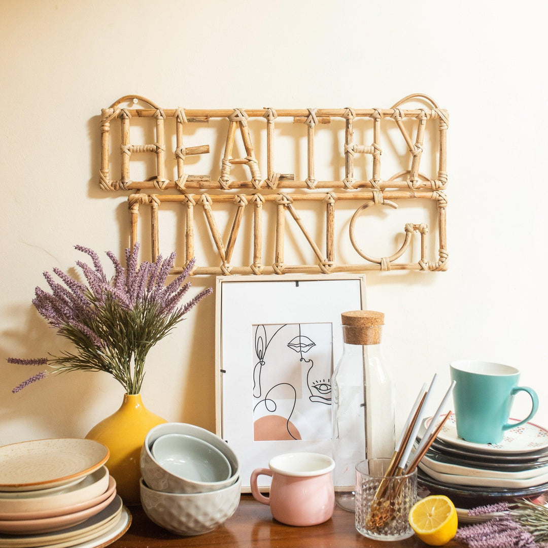 Healthy Living Rattan Wall Art Quote-Quotes-House of Ekam