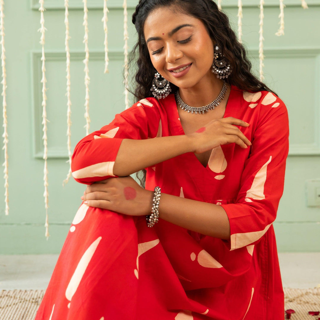 Inaara Red Tilak Blockprinted Suit Set-Suits-House of Ekam