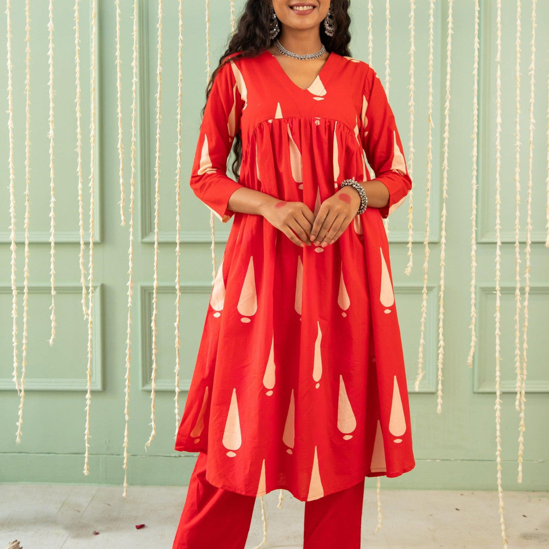 Inaara Red Tilak Blockprinted Suit Set-Suits-House of Ekam
