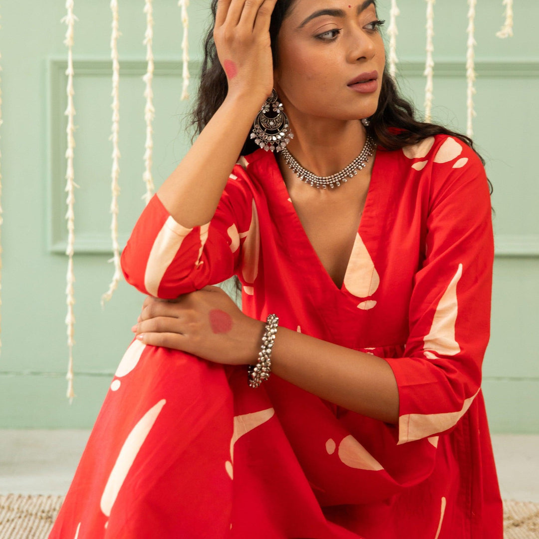 Inaara Red Tilak Blockprinted Suit Set-Suits-House of Ekam