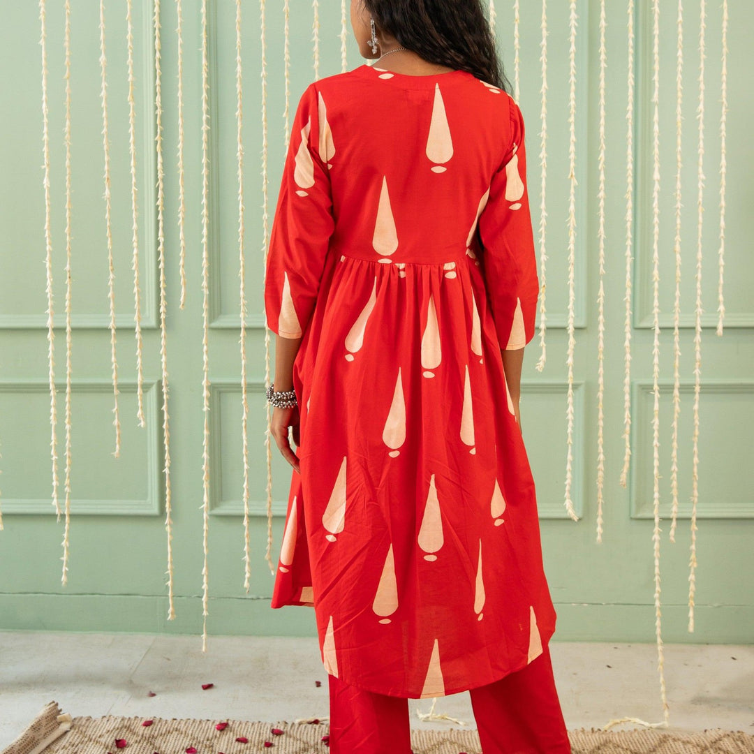 Inaara Red Tilak Blockprinted Suit Set-Suits-House of Ekam