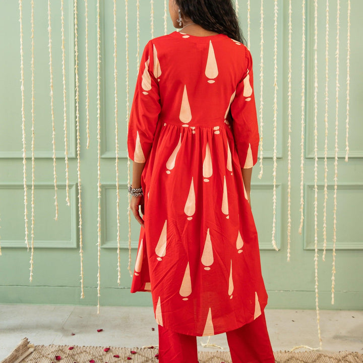 Inaara Red Tilak Blockprinted Suit Set-Suits-House of Ekam