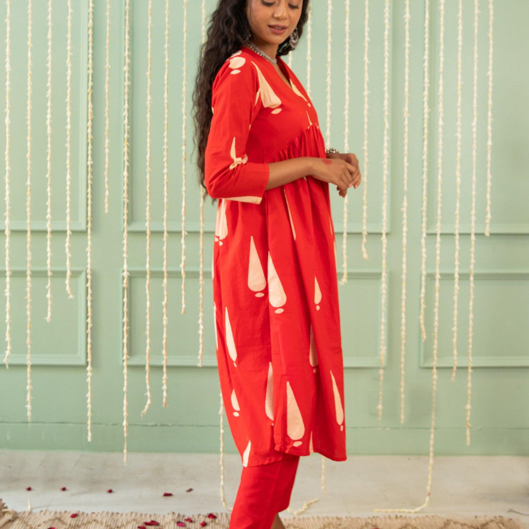Inaara Red Tilak Blockprinted Suit Set-Suits-House of Ekam
