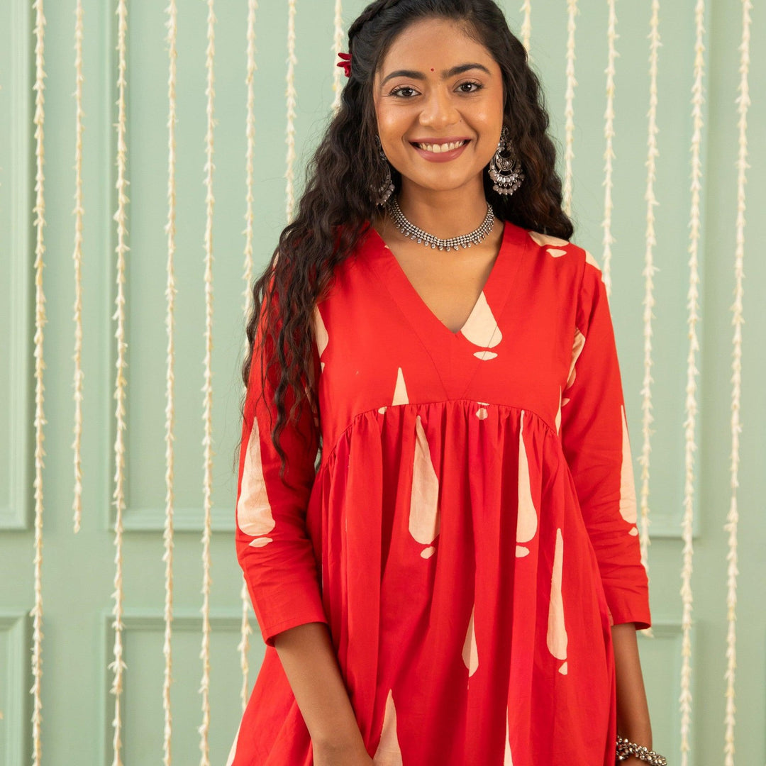 Inaara Red Tilak Blockprinted Suit Set-Suits-House of Ekam