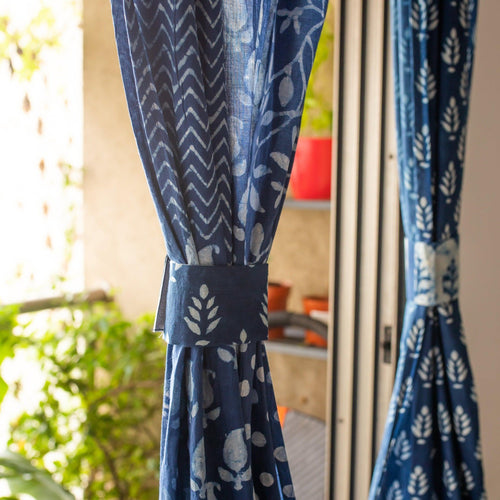 Indigo Blockprinted Patchwork TIE BACKS-Tie Backs-House of Ekam