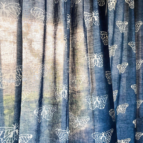 Indigo Butterfly Blockprint Semi Sheer Curtain Pocket Rod-Curtains-House of Ekam