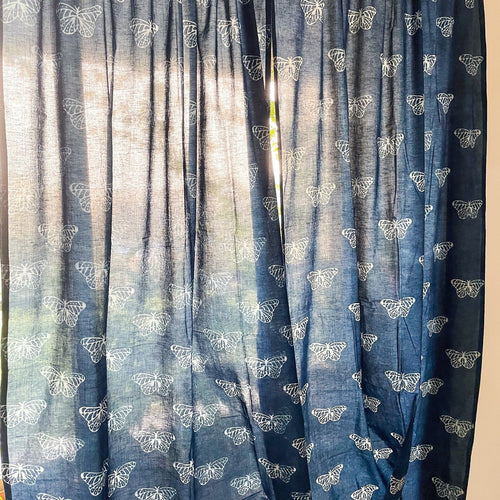 Indigo Butterfly Blockprint Semi Sheer Curtain Pocket Rod-Curtains-House of Ekam