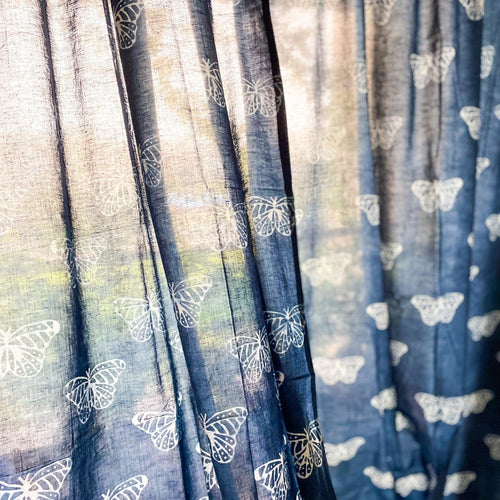 Indigo Butterfly Blockprint Semi Sheer Curtain Pocket Rod-Curtains-House of Ekam