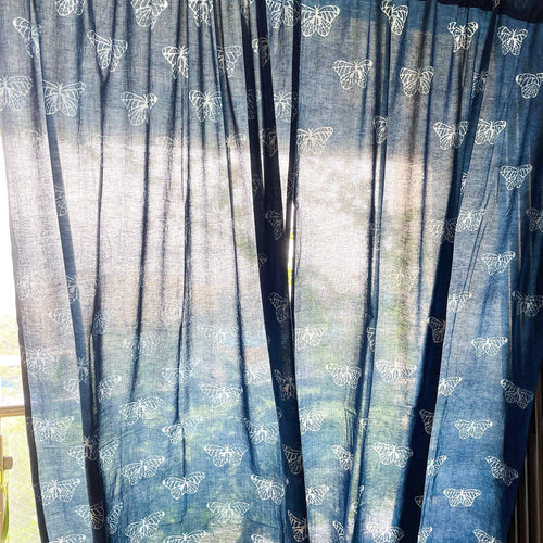 Indigo Butterfly Blockprint Semi Sheer Curtain Pocket Rod-Curtains-House of Ekam