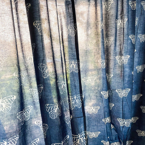 Indigo Butterfly Blockprint Semi Sheer Curtain Pocket Rod-Curtains-House of Ekam