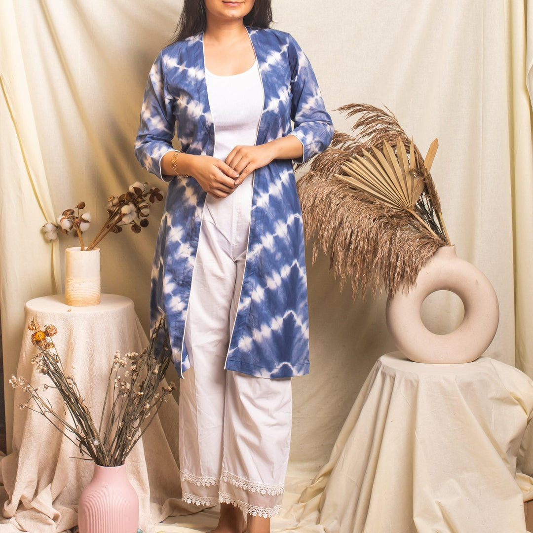 Indigo Chevron Tie Dye Front Open Shrug-Shrugs-House of Ekam