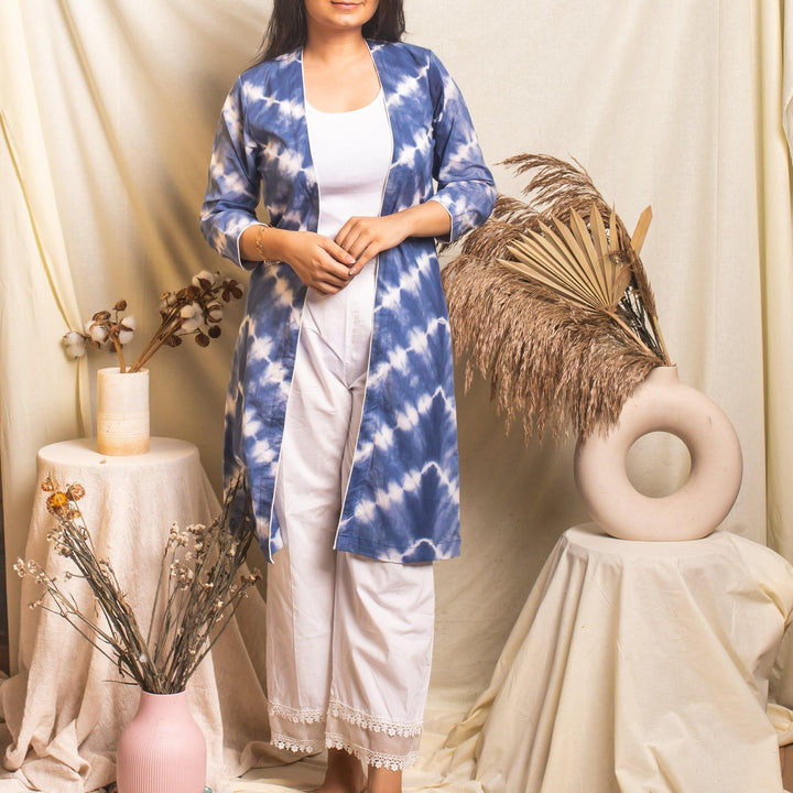 Indigo Chevron Tie Dye Front Open Shrug-Shrugs-House of Ekam