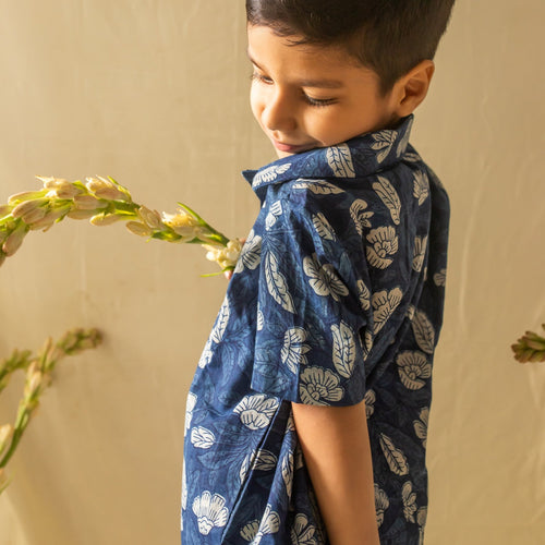 Indigo Dabu Floral Blockprint Boys Shirt-Kidswear-House of Ekam