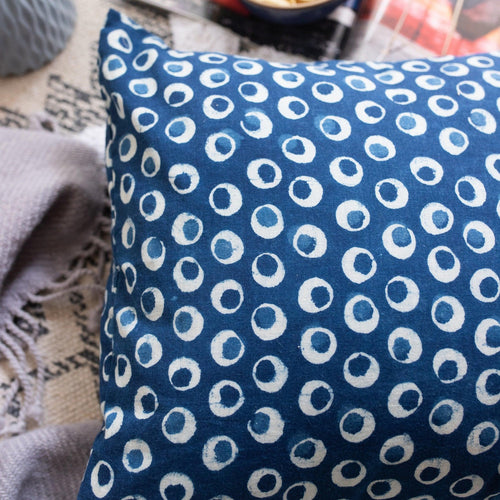 Indigo Dabu Polka Print Cushion Cover-Cushion Covers-House of Ekam