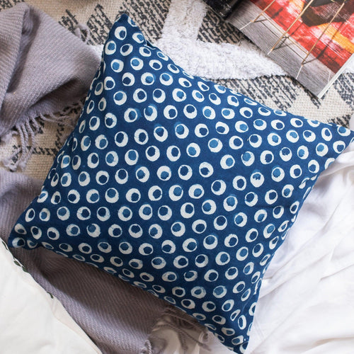 Indigo Dabu Polka Print Cushion Cover-Cushion Covers-House of Ekam