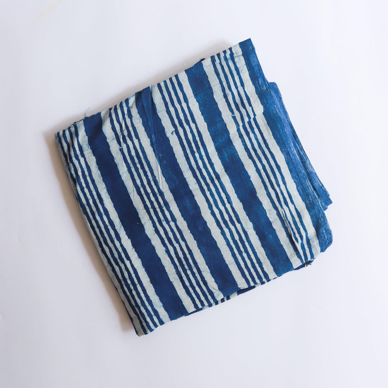 Indigo Dabu Stripe Blockprint Cotton Fabric-fabric-House of Ekam