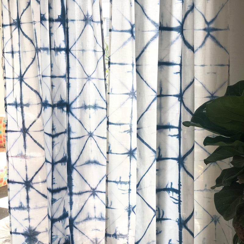 Indigo Diamond Hand Tie Dye Semi Sheer Curtain-Curtains-House of Ekam
