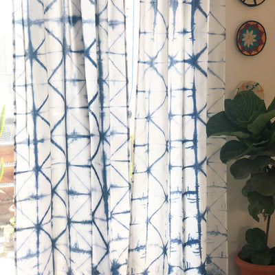 Indigo Diamond Hand Tie Dye Semi Sheer Curtain-Curtains-House of Ekam