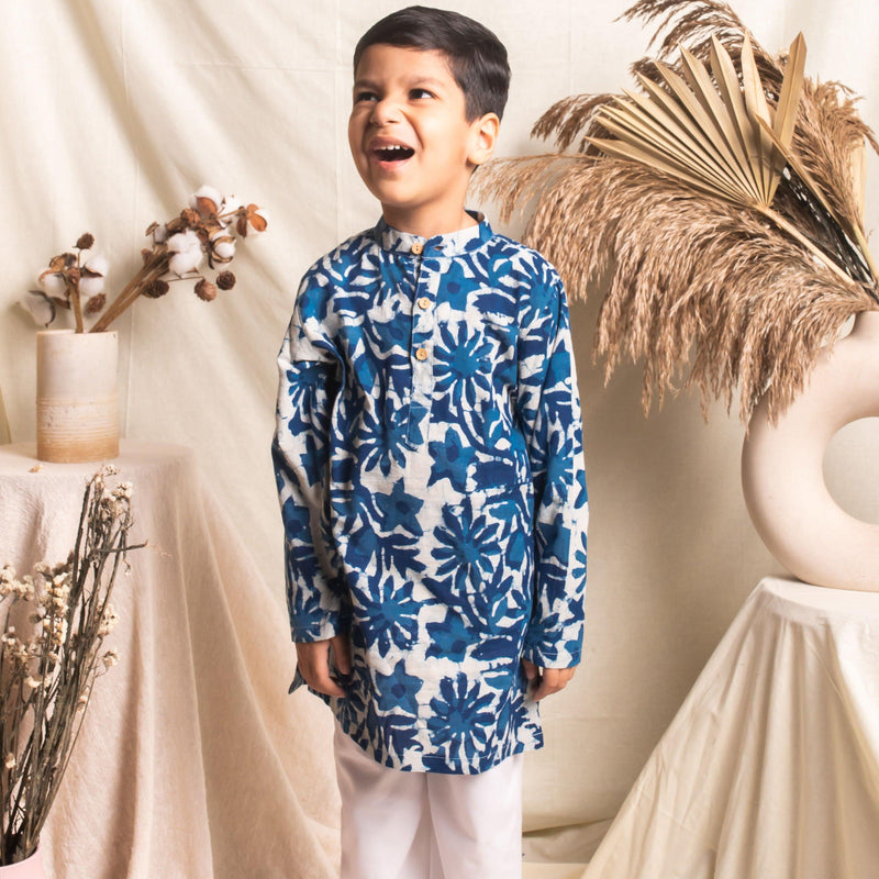 Indigo Floral Blockprint Boys Kurta with Pyjama Set-Kidswear-House of Ekam
