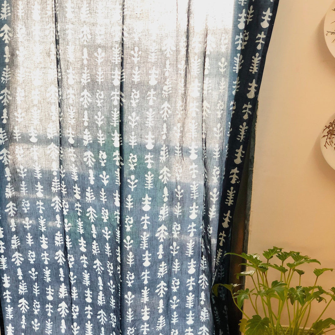 Indigo Floral Print Semi Sheer Curtain-Curtains-House of Ekam