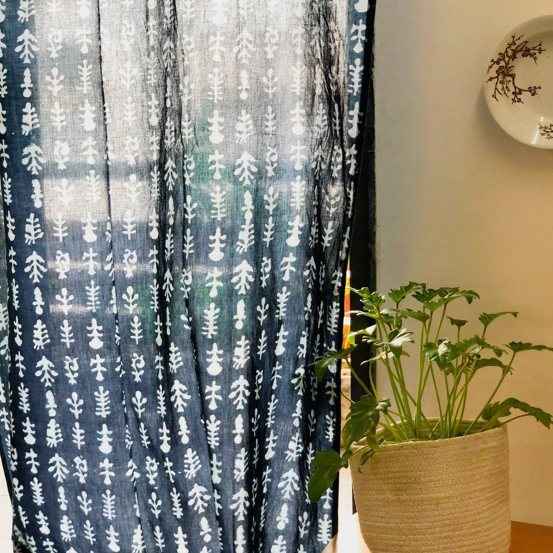 Indigo Floral Print Semi Sheer Curtain-Curtains-House of Ekam