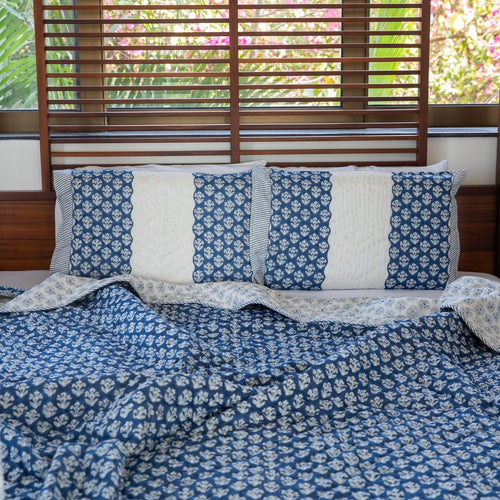 Indigo Harmony Handmade Kantha Stitch Queen Quilt Set-Quilt sets-House of Ekam