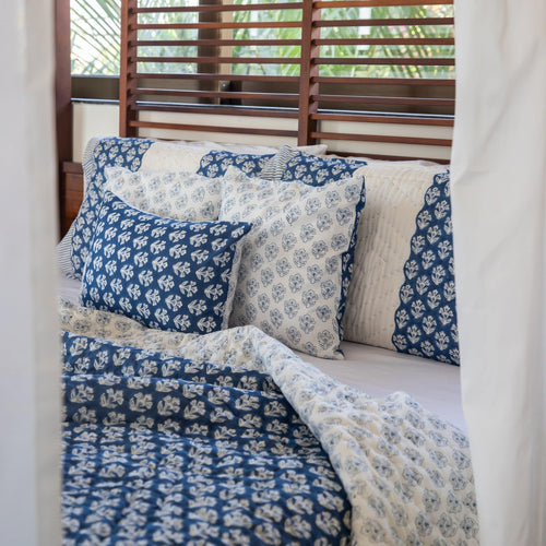 Indigo Harmony Handmade Kantha Stitch Queen Quilt Set-Quilt sets-House of Ekam