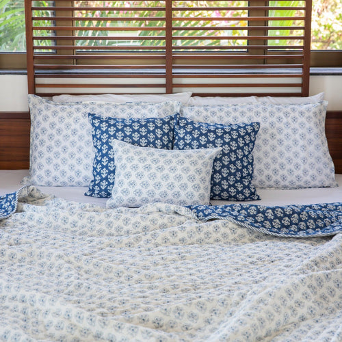 Indigo Harmony Handmade Kantha Stitch Queen Quilt Set-Quilt sets-House of Ekam