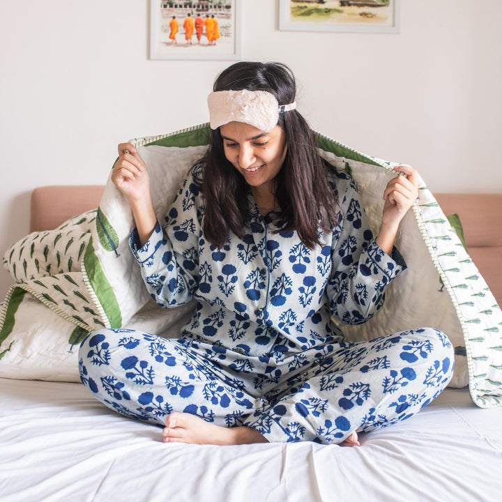 Indigo Marigold Blockprinted Loungewear Pyjama Set-loungewear-House of Ekam