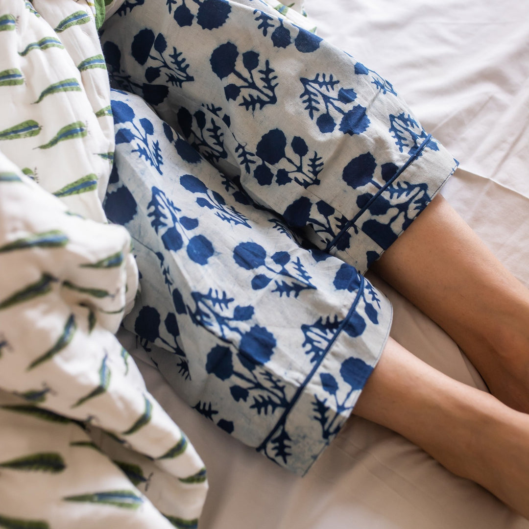 Indigo Marigold Blockprinted Loungewear Pyjama Set-loungewear-House of Ekam