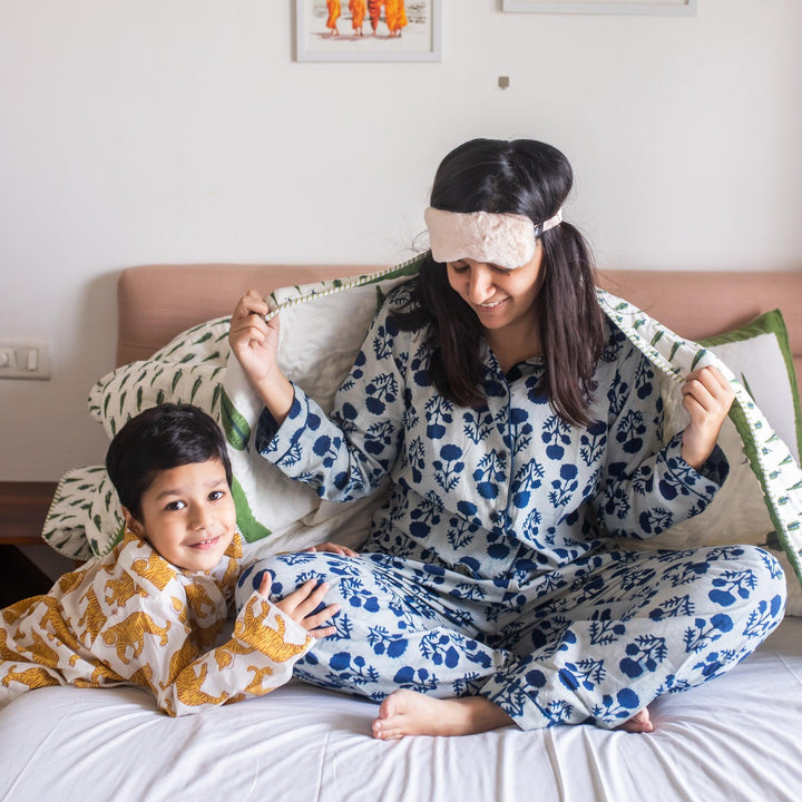 Indigo Marigold Blockprinted Loungewear Pyjama Set-loungewear-House of Ekam