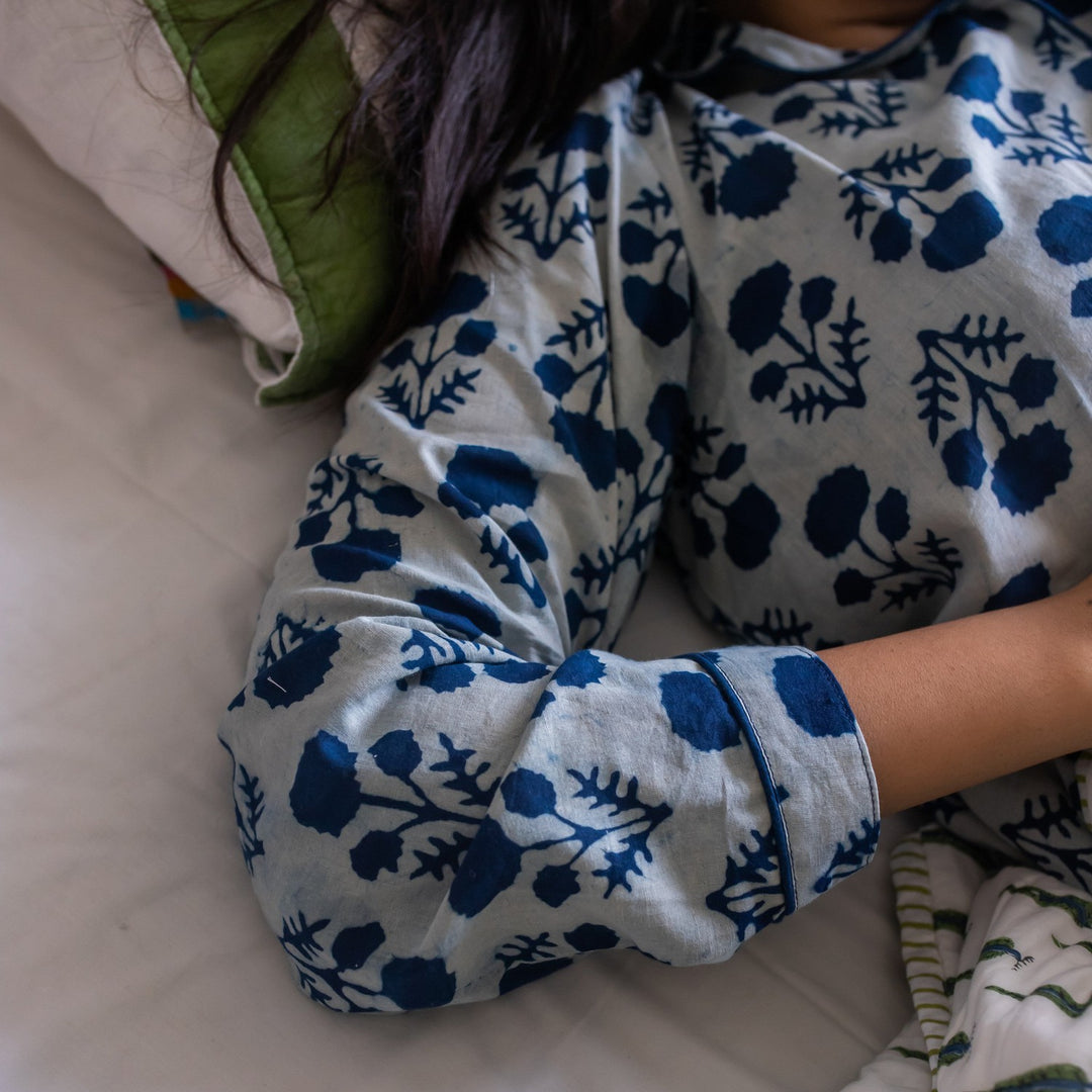 Indigo Marigold Blockprinted Loungewear Pyjama Set-loungewear-House of Ekam