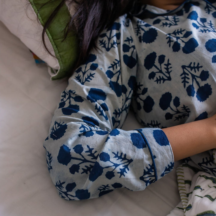 Indigo Marigold Blockprinted Loungewear Pyjama Set-loungewear-House of Ekam
