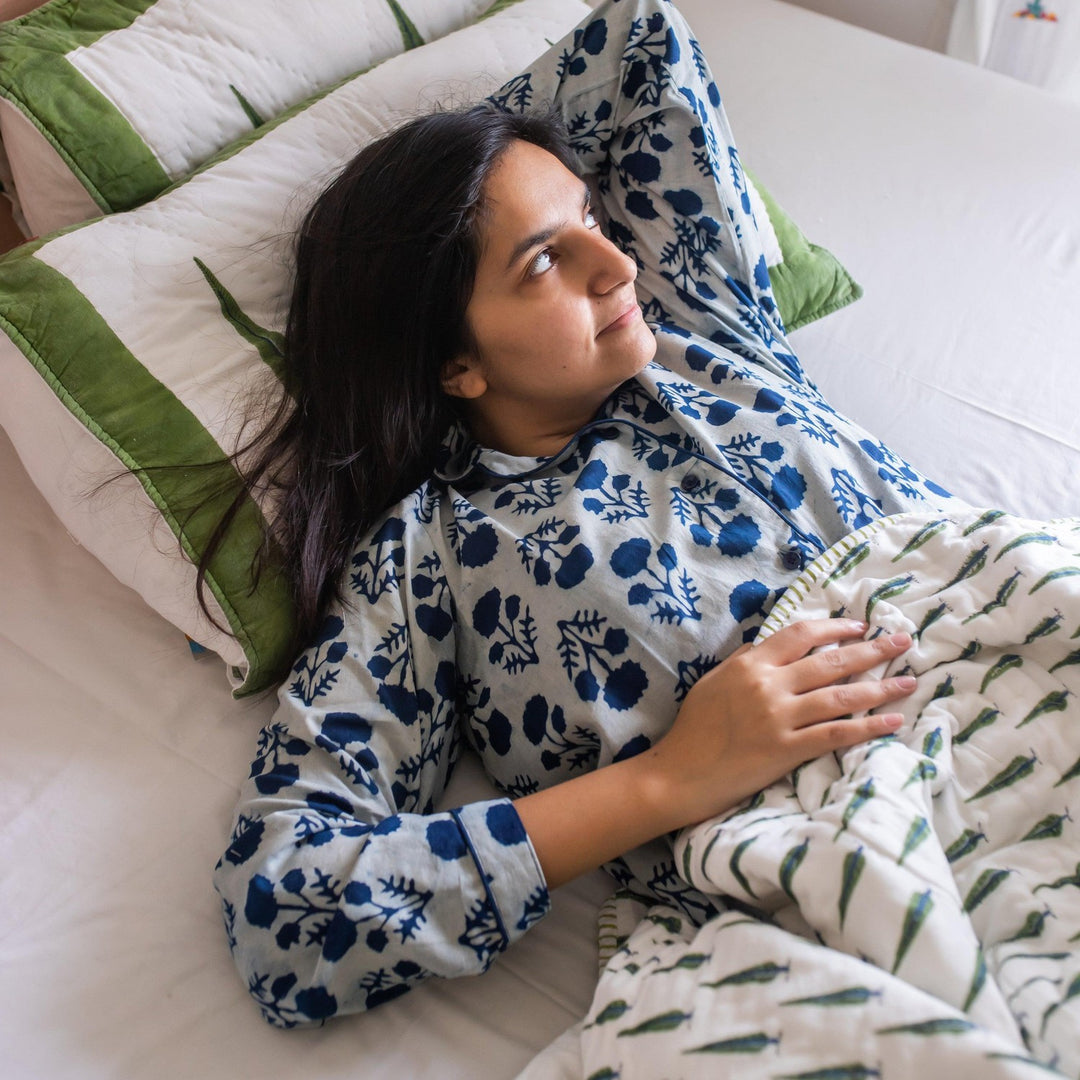 Indigo Marigold Blockprinted Loungewear Pyjama Set-loungewear-House of Ekam