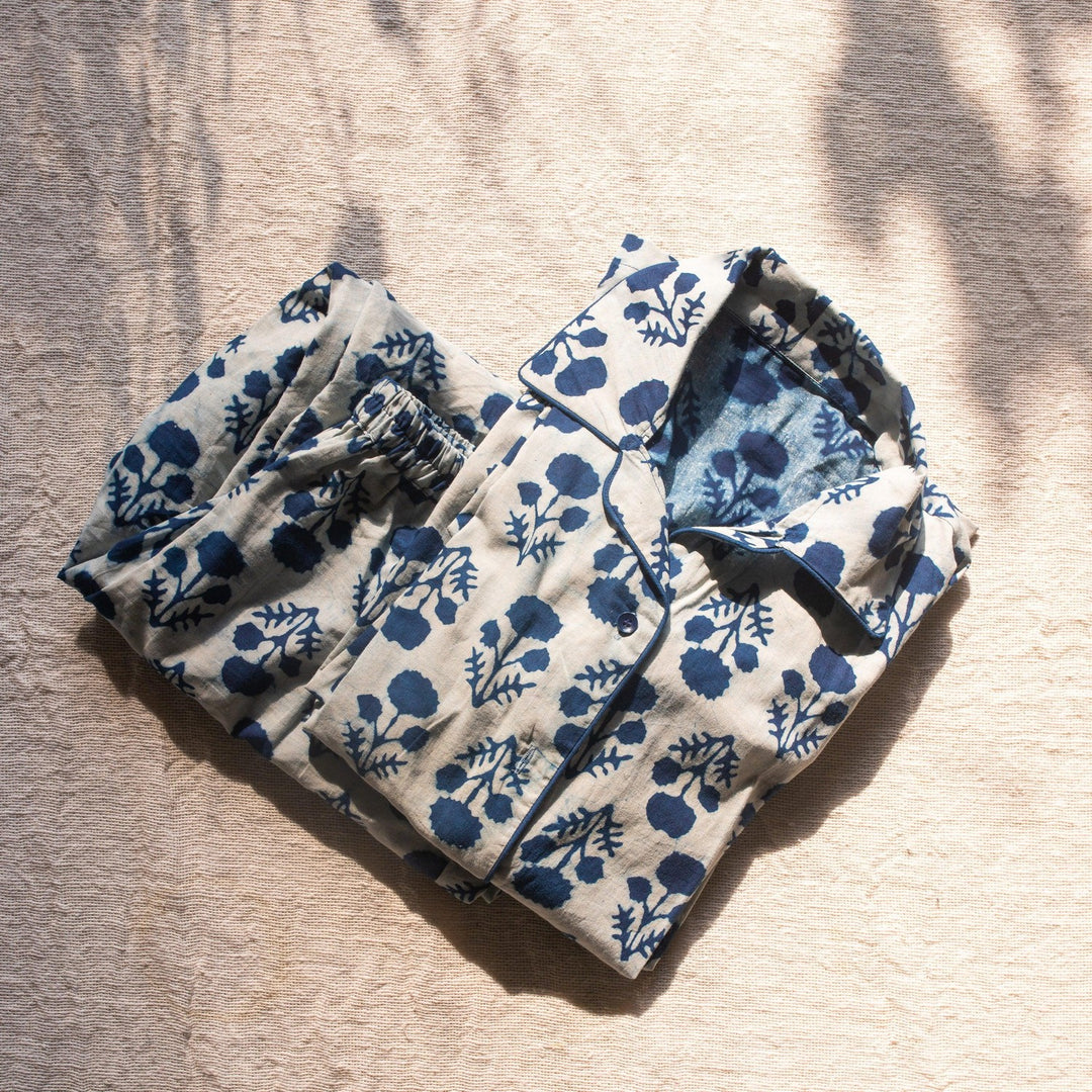 Indigo Marigold Blockprinted Loungewear Pyjama Set-loungewear-House of Ekam