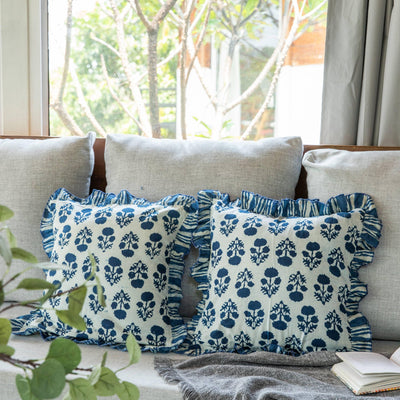 Indigo Marigold Ruffle Blockprint Cushion Cover-Cushion Covers-House of Ekam