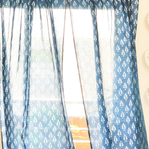 Indigo Mughal Print Semi Sheer Curtain-Curtains-House of Ekam