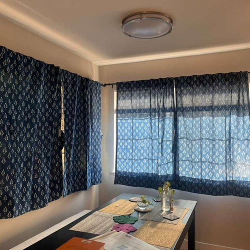 Indigo Mughal Print Semi Sheer Curtain-Curtains-House of Ekam
