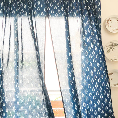 Indigo Mughal Print Semi Sheer Curtain-Curtains-House of Ekam