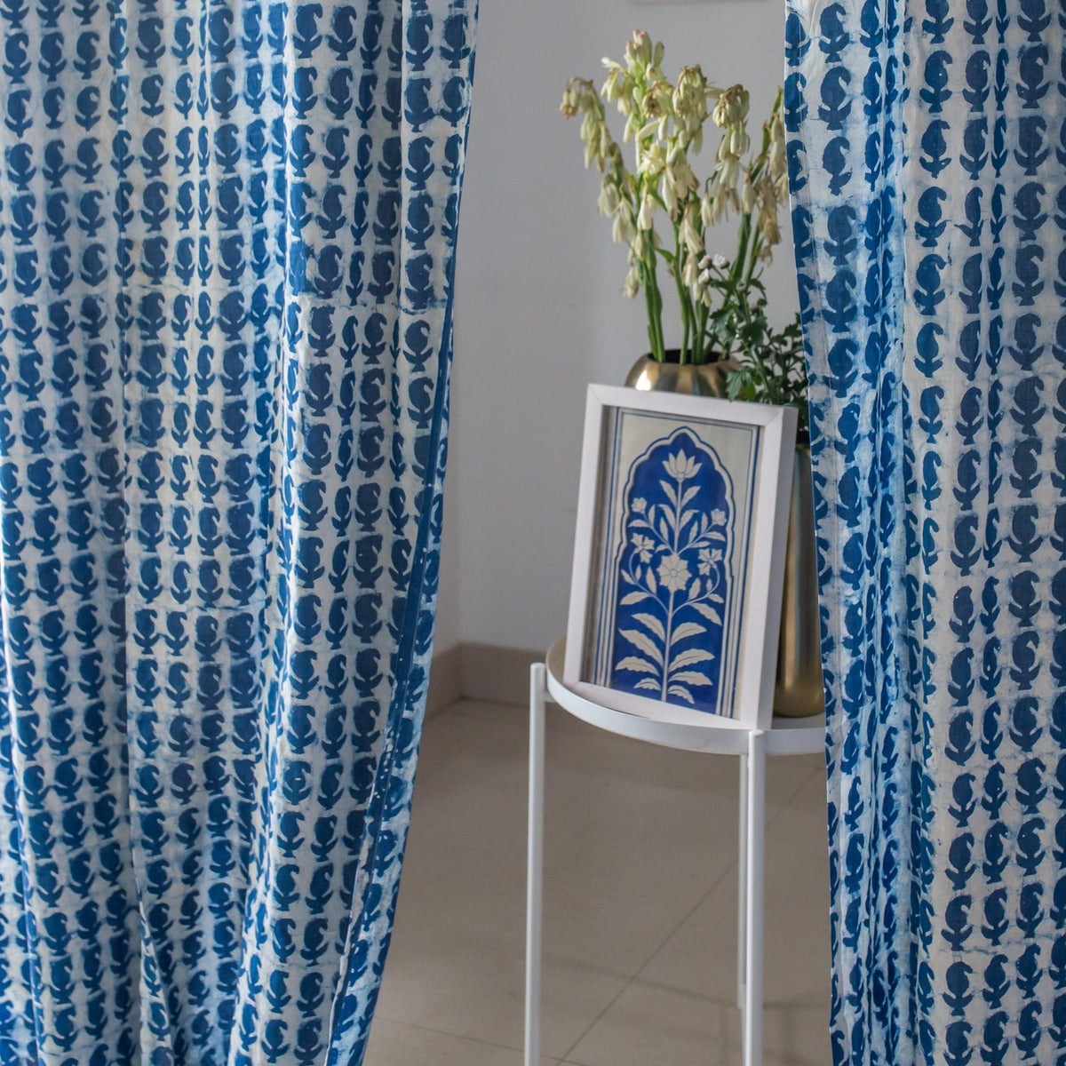 Indigo Paisley Print Semi Sheer Curtain-Curtains-House of Ekam