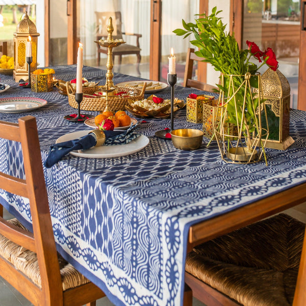 Indigo Patchwork Abstract Cotton Dining Table Cover Table Cloth House of Ekam