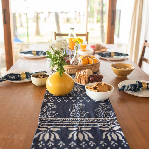 Indigo Patchwork Floral Kantha Table Runner-Table Runners-House of Ekam