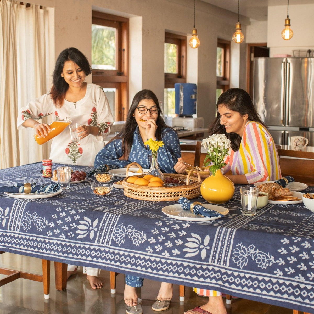 Indigo Patchwork Floral Table Cloth-Table Runners-House of Ekam