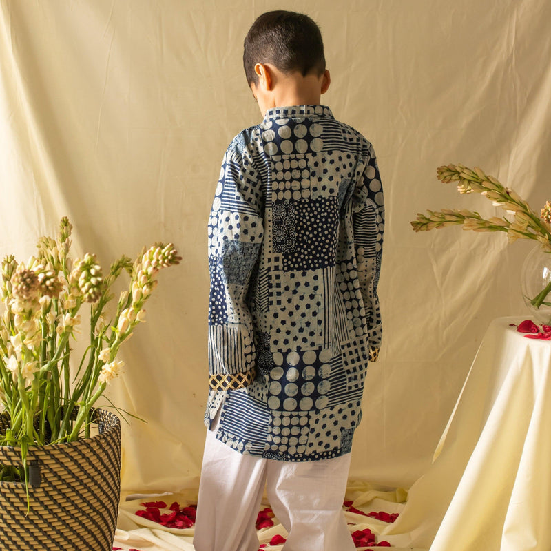 Indigo Patchwork Printed Boys Gota Kurta with Pyjama Set-Kidswear-House of Ekam