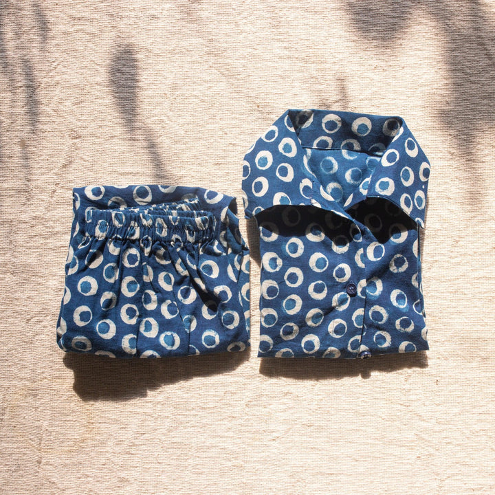 Indigo Polka Blockprint Boys Nightsuit Set-Kidswear-House of Ekam