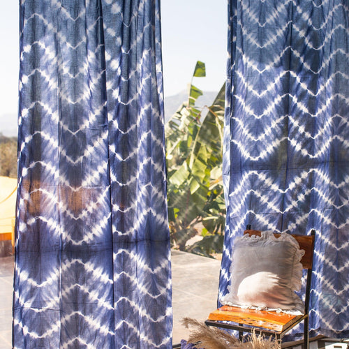 Indigo Shibori Zig Zag Handmade Tie Dye Semi Sheer Curtain-Curtains-House of Ekam