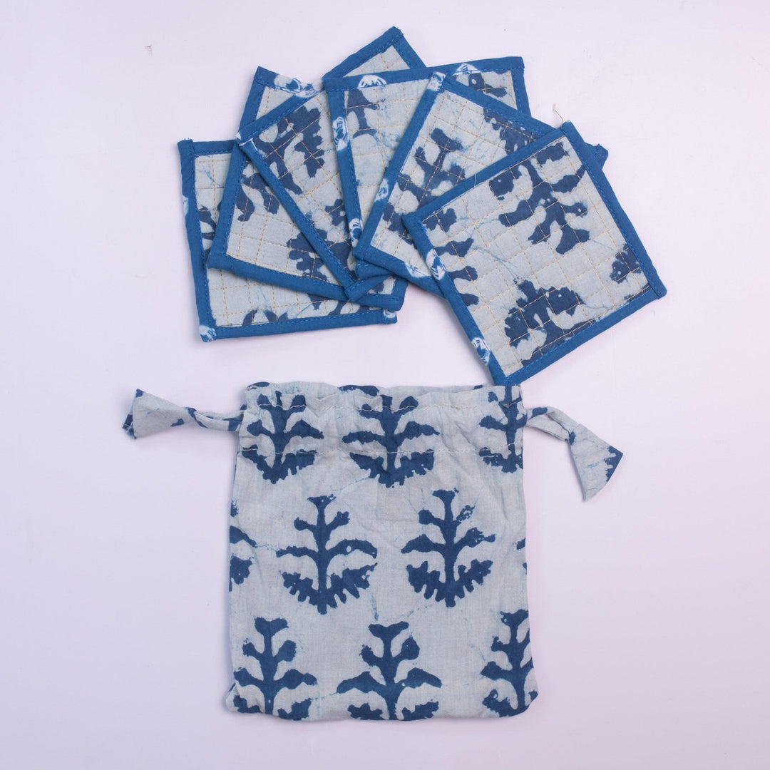 Indigo Twig Fabric Coaster Set of 6-Coasters-House of Ekam