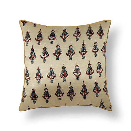 Ivory Cream Buti Floral Blockprint Mashru Silk Cushion Cover-Cushion Covers-House of Ekam